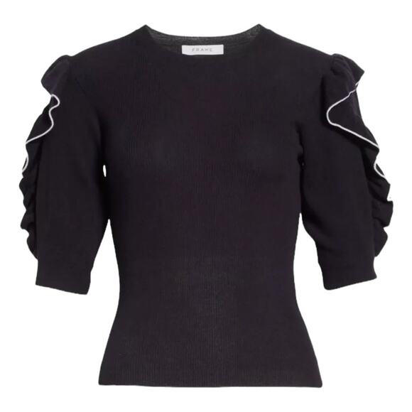 Frame Navy Blue White Wool Knit Sweater Ruffle Sleeve size medium - Picture 2 of 12